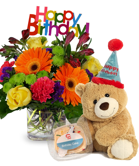 Cube filled with bright gerbera daisies, roses, carnations and more