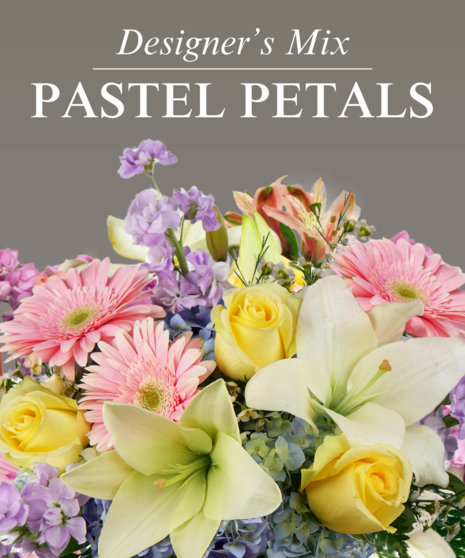 Bouquet of flowers overlaid in pink with text that says 