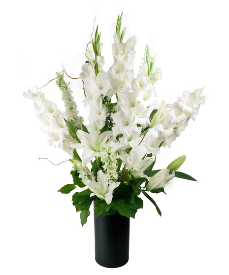 Premium white flowers arranged in a black ceramic vase