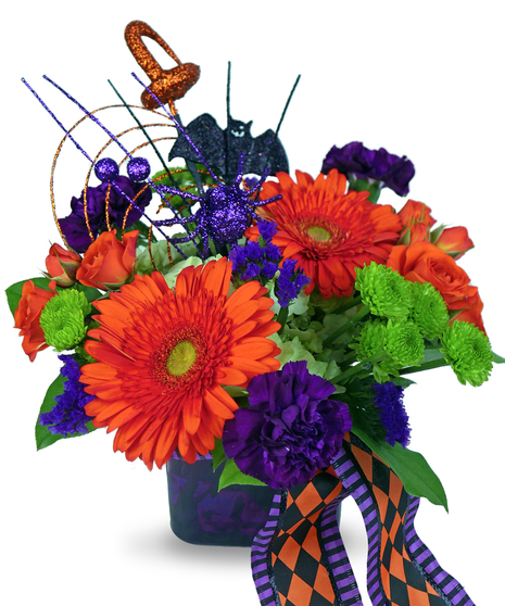 halloween arrangement with orange, green, and purple flowers