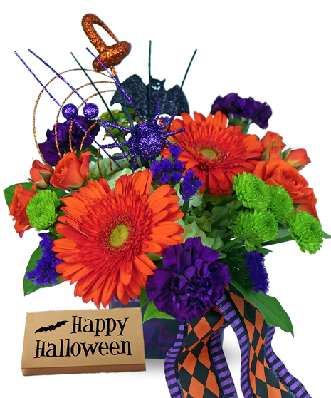halloween arrangement with orange, green, and purple flowers