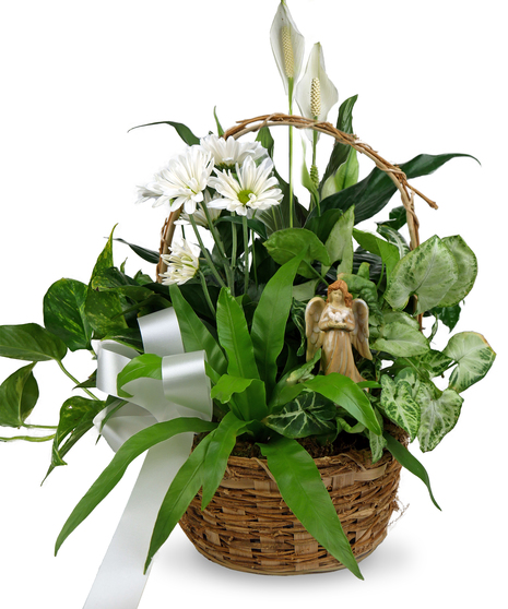 Handbasket filled with a variety of blooming and green plants