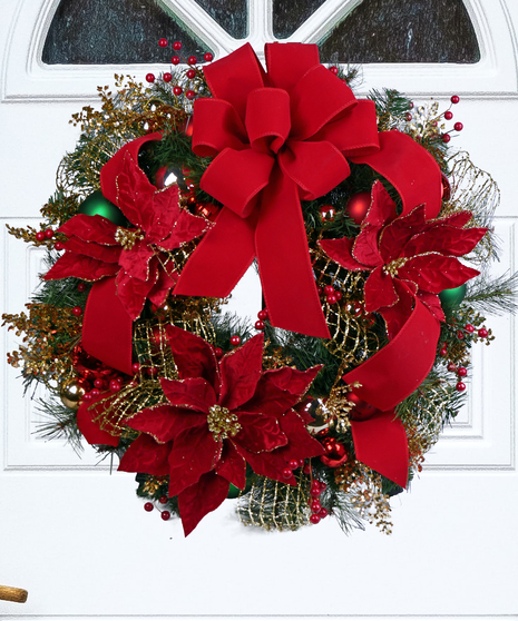Red Velvet & Poinsettia - Permanent Holiday Wreath