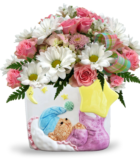A baby themed floral arrangement displayed in a wind-up musical container that plays Twinkle Twinkle Little Star