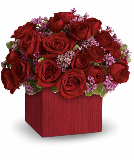 18 Red roses and lavender accents in a chic bamboo box