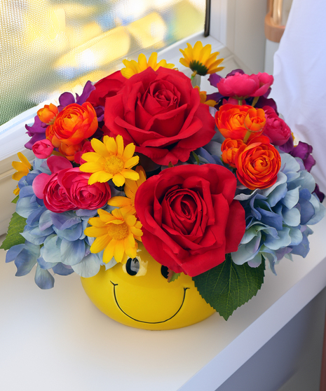Bright Smiley Face Artificial Flower Arrangement - Safe for ICU Delivery